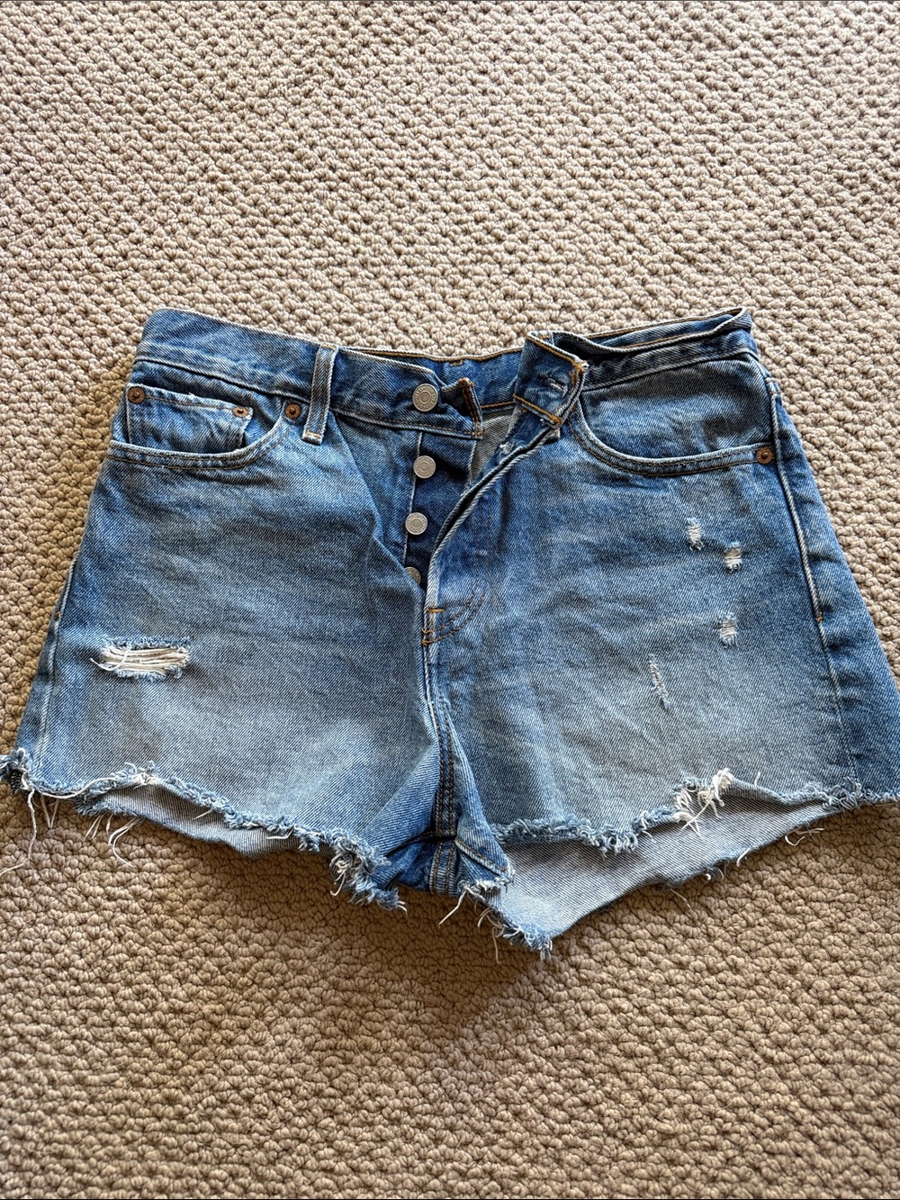 Levi's Light Blue Distressed High-Rise Denim Shorts